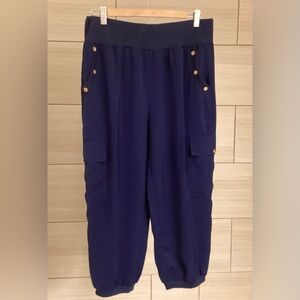 Navy Blue Women's Pants with Horn  Button Accents. Ankle length